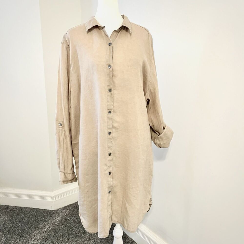 J Jill Linen Shirt Dress Womens XL Button Front Roll Tab Sleeve Brown